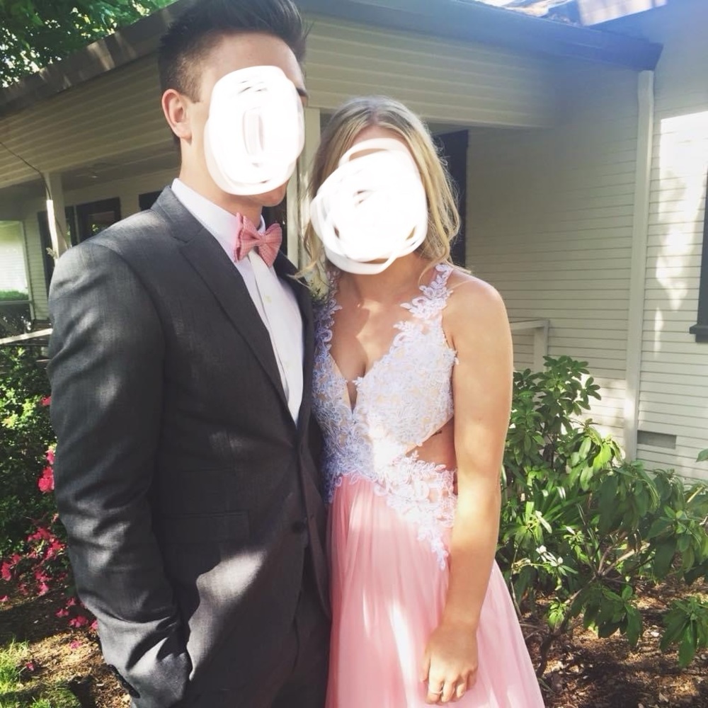 Peach Pink Open Back Cut Out Lace Prom Dress